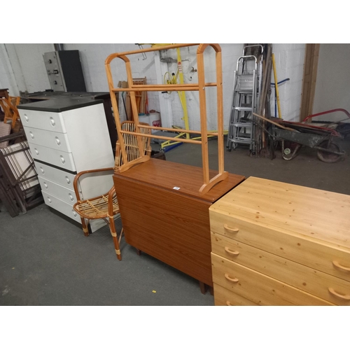 458 - Pine 4 draw chest of drawers, drop leaf table, wicker chair, 6 draw chest  of drawers etc