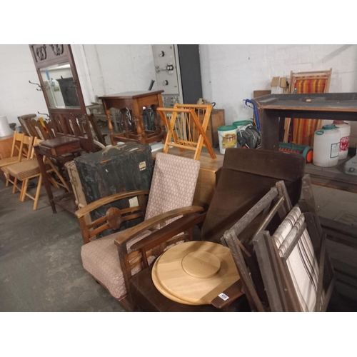 459 - 2 travel trunks, 2 oak chairs and a hall stand etc