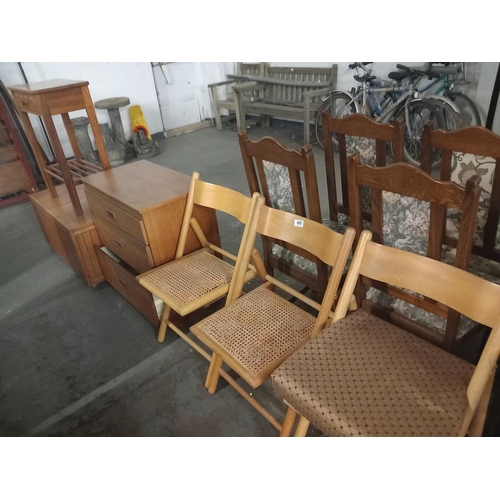 460 - Three caned seated folding chairs, console table, chest of drawers