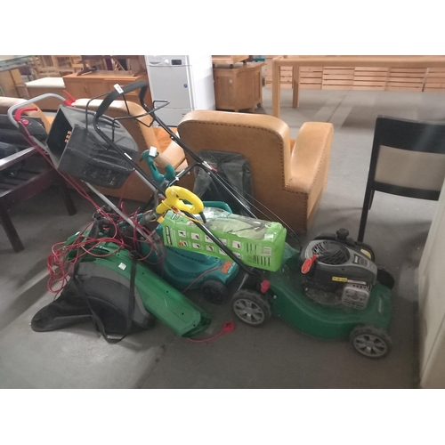 470 - A Qualcast lawn mower, Bosch lawn mower, strimmers etc