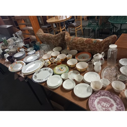 322 - Decorative china and glassware to include decanters, vases etc