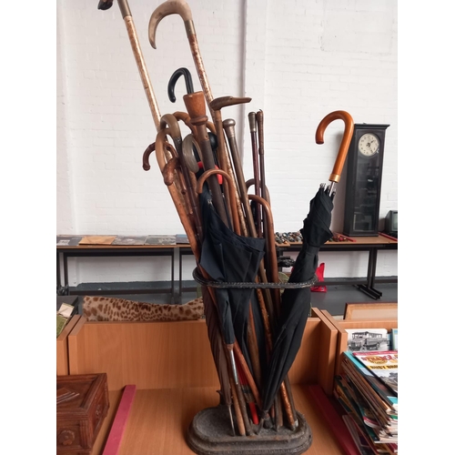 36 - A Victorian cast iron stick stand with walking sticks, cane and umbrellas one being silver topped