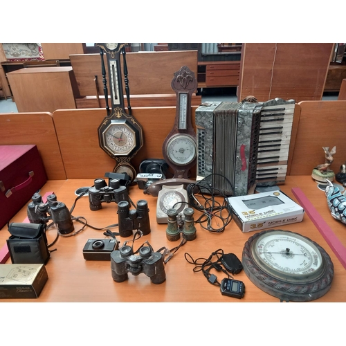 50 - Vintage cameras, binoculars, telephones, barometers etc