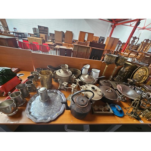 42 - A large quantity of metalware - brass, copper, silver plate, enamel, etc