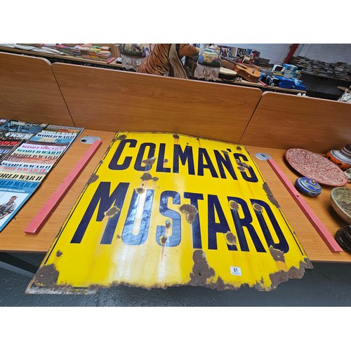 61 - A large Colmans mustard enamel sign - condition as per photograph 
38 inches x 36 inches