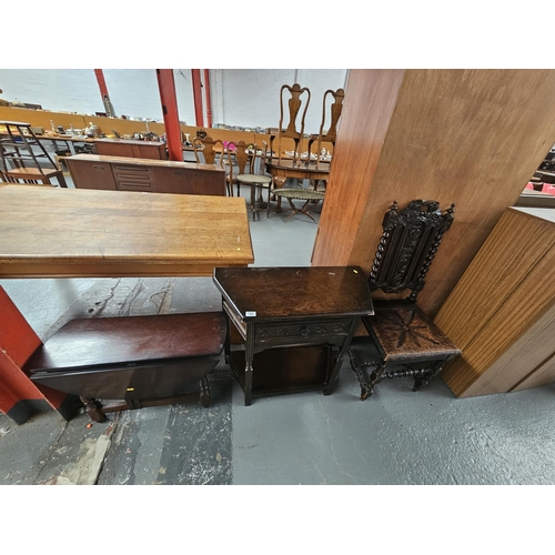 142 - A hall chair, drop leaf side table and an oak cabinet