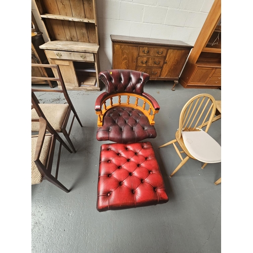 149 - A red leather Chesterfield Captain's chair and red leather Chesterfield stool