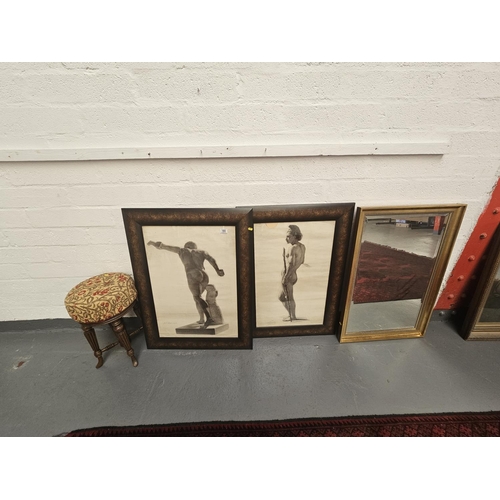 180 - A bevel edged mirror, two pictures and a stool