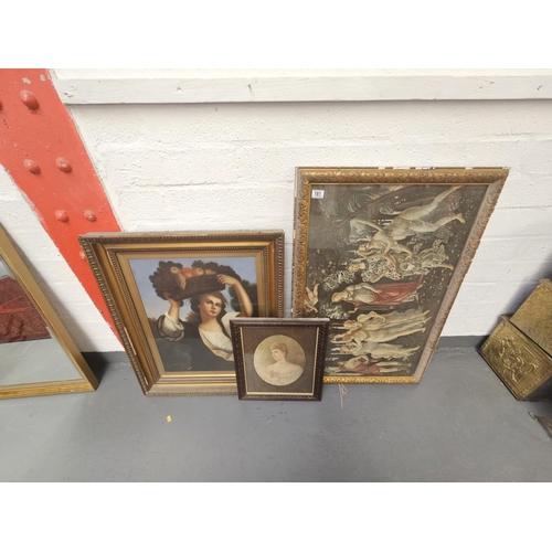 181 - Early frame pictures and prints to include an oil on silk portrait of a lady