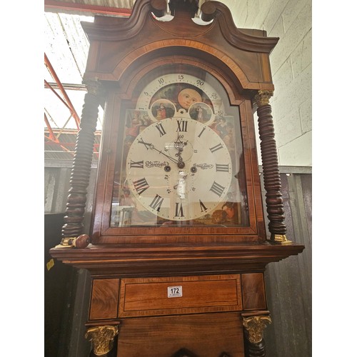 172 - A mahogany long cased - Bearington of Stoneygate - 30 day grandfather clock with weights and pendulu... 