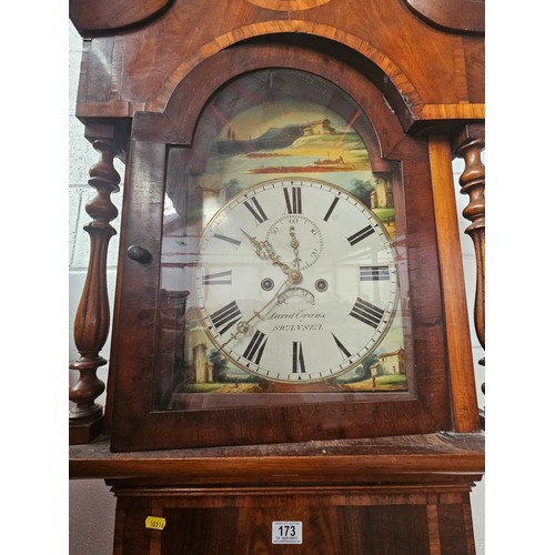 173 - A mahogany long cased - David Evans of Swansea - 30 day grandfather clock with weights and pendulum