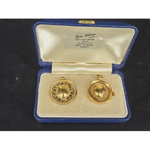 206 - Two 1930's 9k gold Fete and Eisteddfod presentation pendants in original box (combined gold weight 7... 