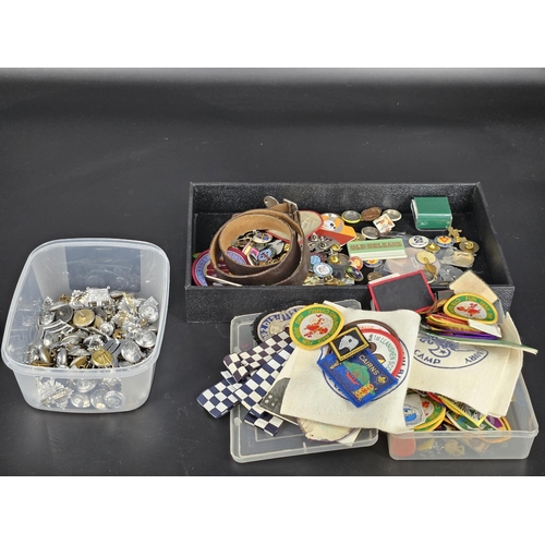 220 - Police badges, scouts badges, belt and patches, plus a quantity of various pin badges