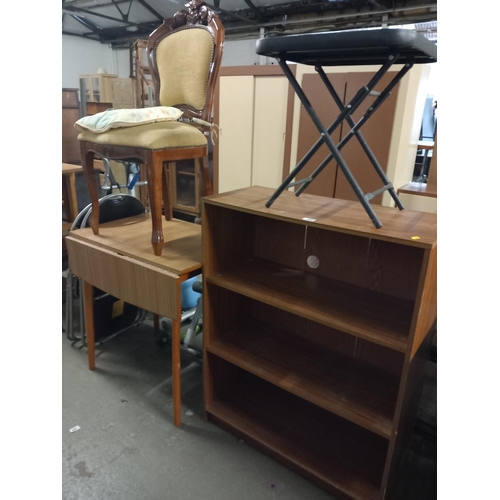 355 - A drop leaf dining table, bookcase, hall chair, etc