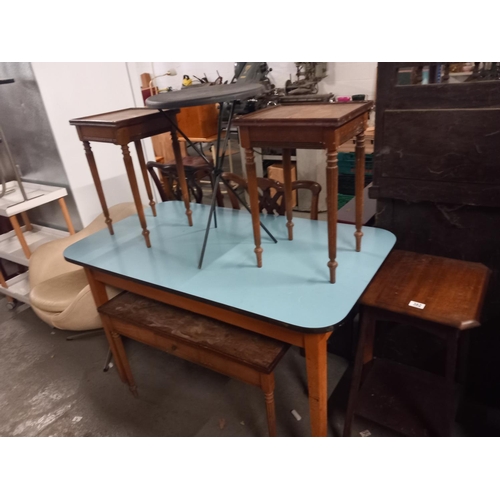 362 - A formica top dining table, coffee tables, retro leatherette armchair etc