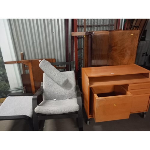 372 - Two mahogany frame double beds, pine desk, easy armchair with matching footstool, etc