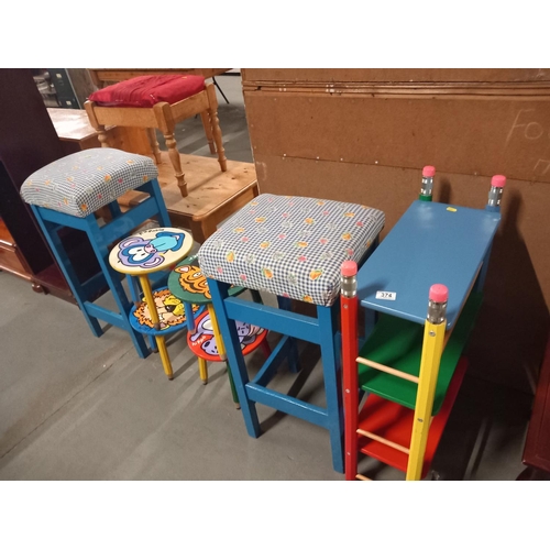 374 - 2 bar stools, 4 painted side tables and a small shelving rack