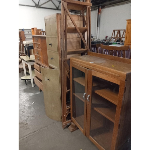 383 - An oak glass fronted display cabinet, step ladder, chest of drawers etc