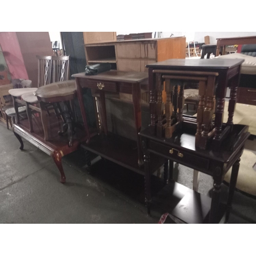 390 - Two coffee tables, hall table, nest of tables, two dining chairs etc