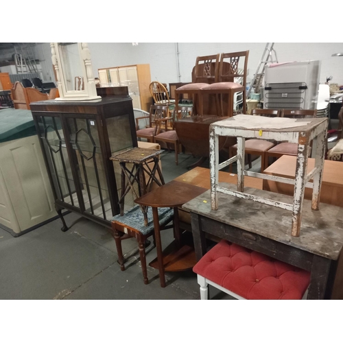 397 - A glass fronted display cabinet, stools, dressing table mirror etc