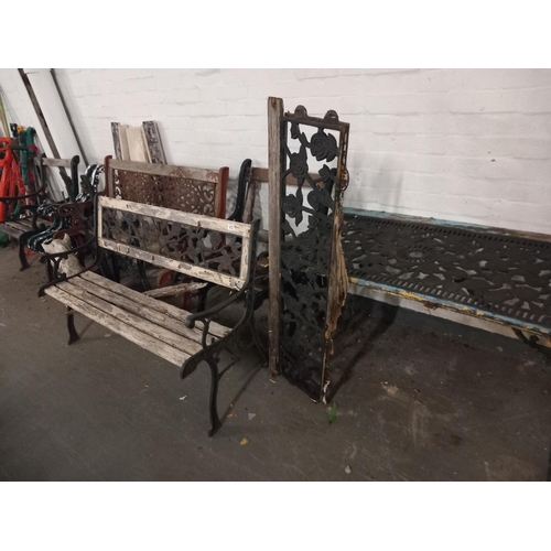 470 - A selection of cast iron bench and table ends, benches etc