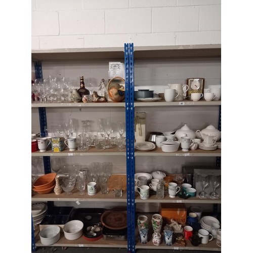 481 - Eight shelves of china and glassware including part dinner service, cut glasses etc