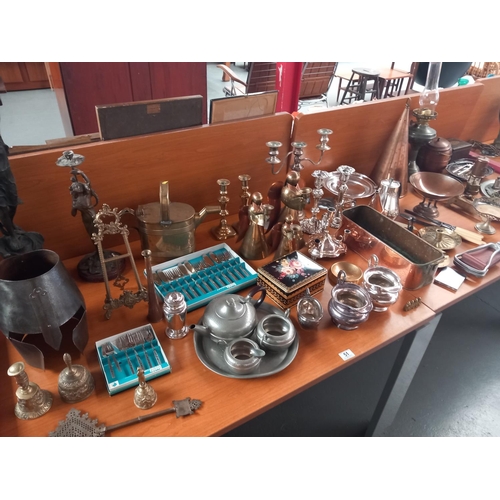 51 - Silver-plate, pewter, brass, copper items, spelter figures, shooting stick and other vintage items