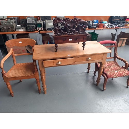 102 - Two chairs, a pine side table and a Canterbury