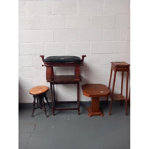 146 - An oak pot stand, camel footstool, occassional table and an adjustable stool