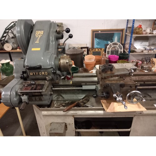 332 - A Myford Super 7 22v metal lathe with crates containing components and parts