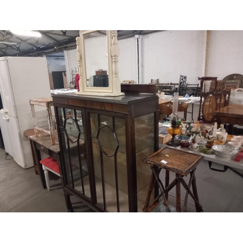 381 - A glass fronted display cabinet, stools, dressing table mirror etc