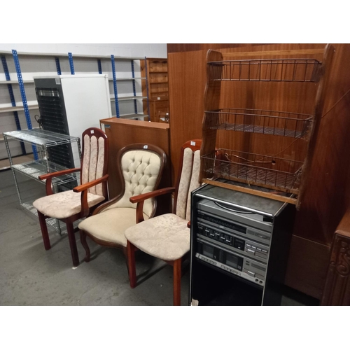 393 - A metal shelving, two armchairs Hitachi stereo system with cabinet etc