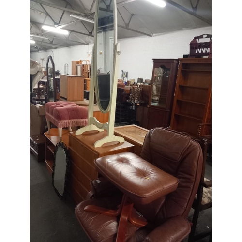 397 - A stressless armchair and matching stool, teak chest of drawers, teak TV unit and 3 mirrors