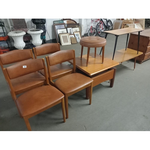 444 - Four dining chairs, a teak coffee table, stools, etc