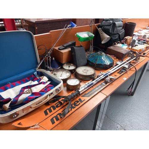 61 - Vintage items - snow skis, masons aprons, lamps, cameras, old brass pressure gauges etc