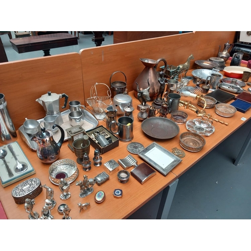 63 - Metalware - silver plate, brass horse and cart, copper jug, figures etc