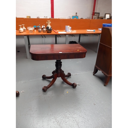 104 - A victorian mahogany fold over tea table on tripod base