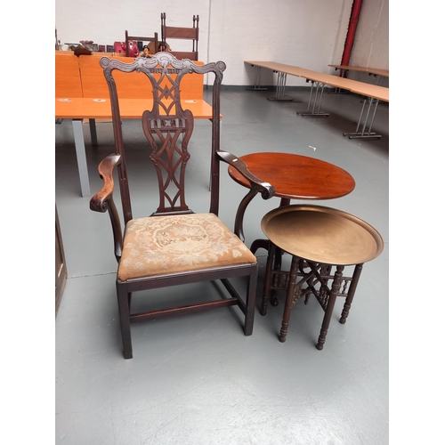 111 - A mahogany tilt top table, brass top folding table and an 18th century armchair with tapestry seat