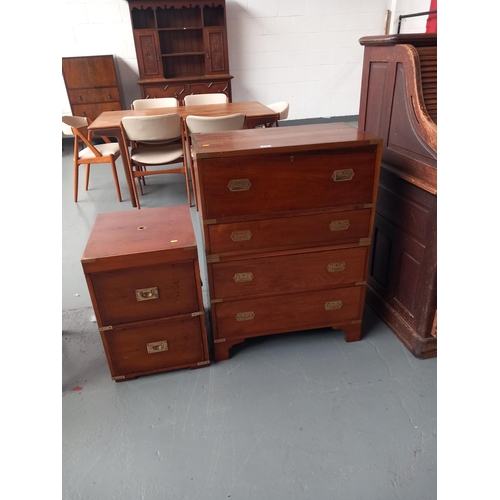 115 - A mahogany campaign chest together with a campaign drinks cabinet