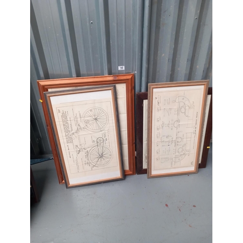 140 - Four framed ex military prints - two pistols, one rifle and one mark IV bicycle