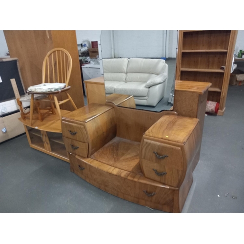 567 - A walnut dressing table, wicker chair, dining chair, stool and a coffee table