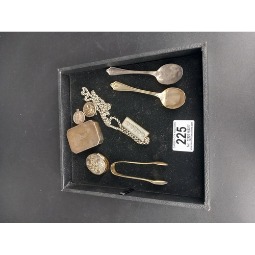 225 - A silver pill box, snuff box, silver ingot and chain, sugar tongs etc (silver weight 122g)