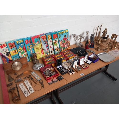 12 - Vintage items - Corgi Cameo boxed diecast model cars, costume jewellery, brassware etc