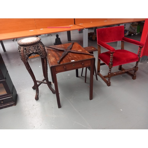 107 - Two plant stands, drop  leaf dining table and an upholstered armchair