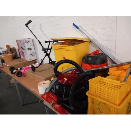 507 - 2 boxed tricycles, dyson vacuum cleaner, mop buckets etc