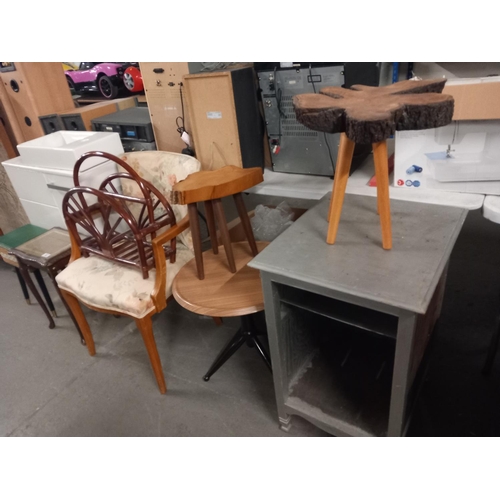 527 - Two live edged stools, armchair, circular coffee table, bathroom cabinet etc