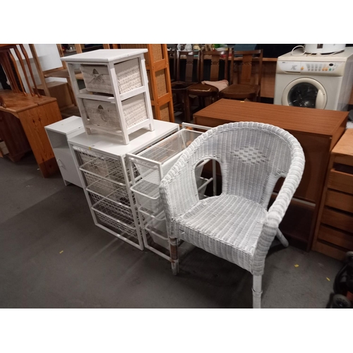 575 - Wicker chair, bedside cabinet, two storage cabinetes and two kitchen storage racks