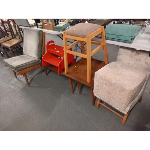 585 - A small childs chair with matching footstool, small bench, coffee table and an easy chair