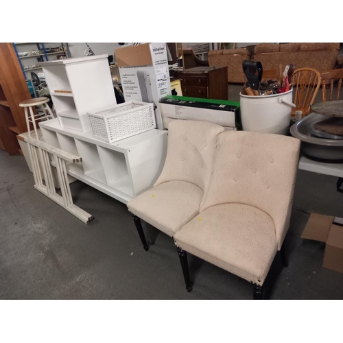 592 - Two upholstered bedroom chairs, coffee table, shelving unit etc