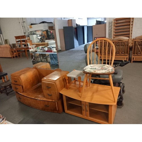 615 - A walnut dressing table, wicker chair, dining chair, stool and a coffee table